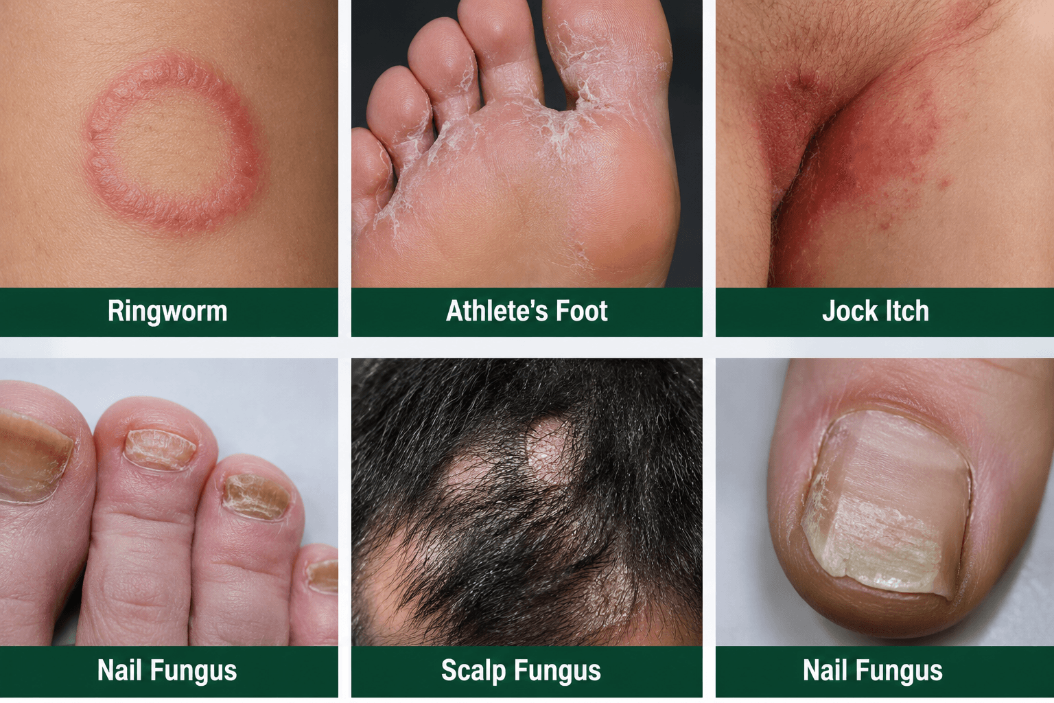 Common types of skin fungal infections diagram including ringworm, athlete's foot, and nail fungus