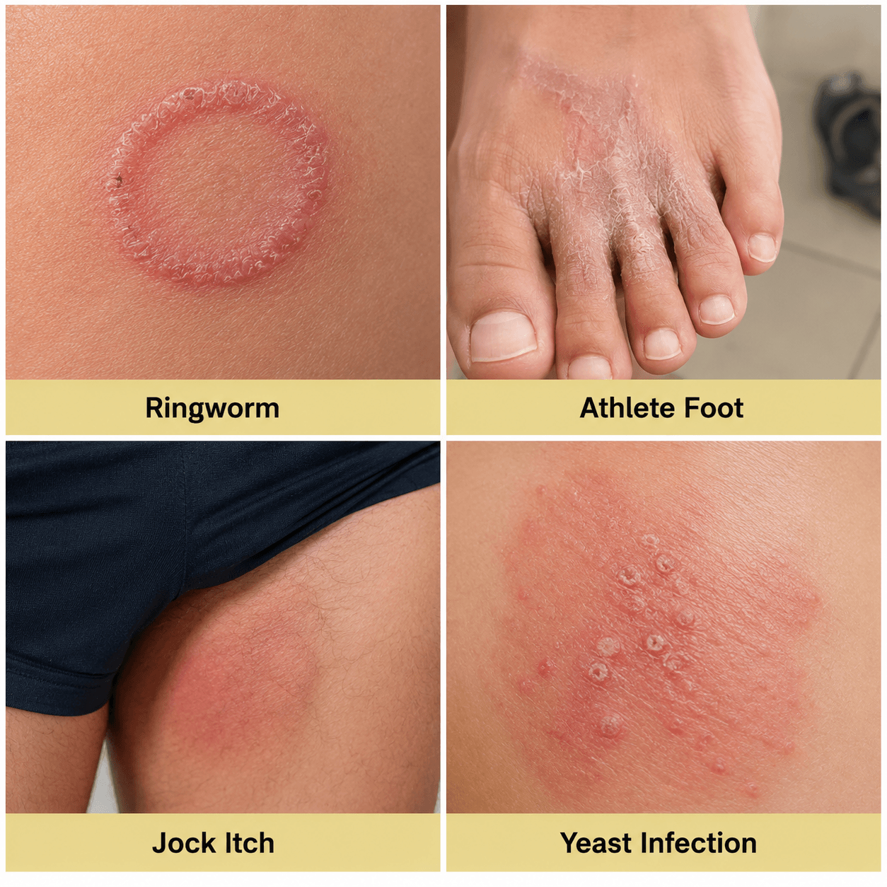 Types of skin fungal infections including ringworm, athlete foot, jock itch, and yeast infection
